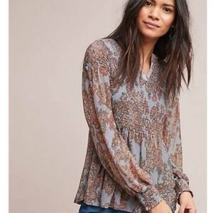Akemi + Kin Anthropologie Adria Smocked Paisley Peplum Babydoll Blouse Size M